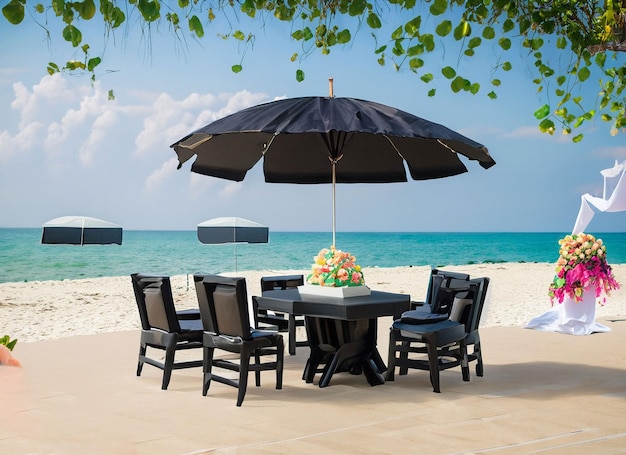 Dining table set decoration with lamp glowing and colors on the beach