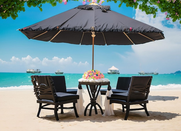 Dining table set decoration with lamp glowing and colors on the beach