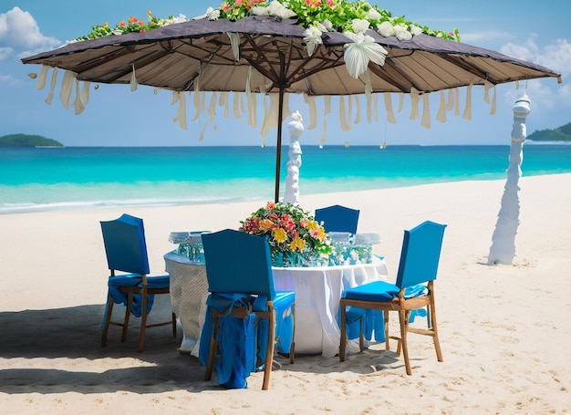 Dining table set decoration with lamp glowing and colors on the beach