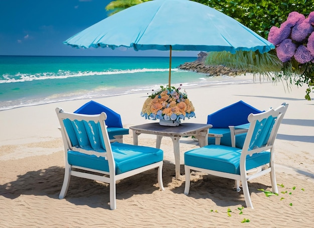 Dining table set decoration with lamp glowing and colors on the beach