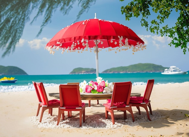 Dining table set decoration with lamp glowing and colors on the beach