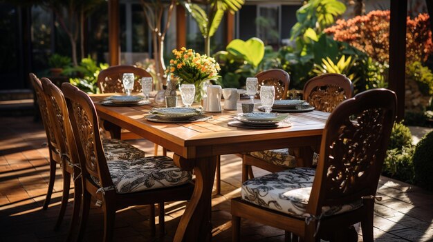 A dining table with chairs and a table with a view of the garden.