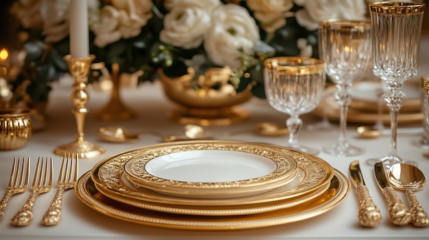 Photo dining table with gold cutlery and luxury gold tableware