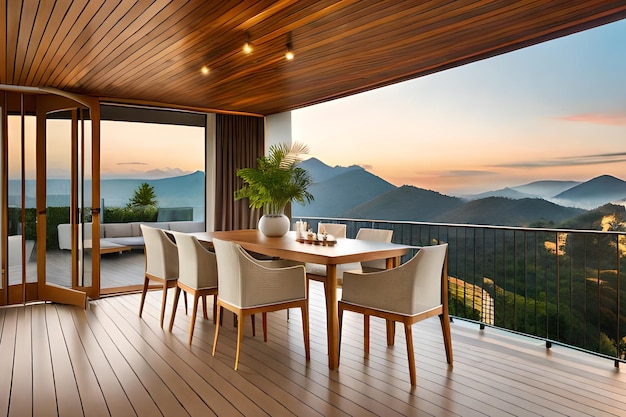 A dining table with a view of the mountains.