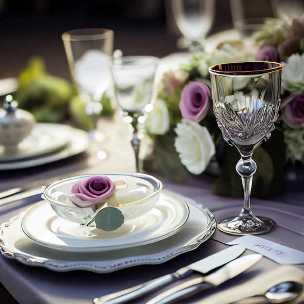 Dinner table set with glass and crockery flower