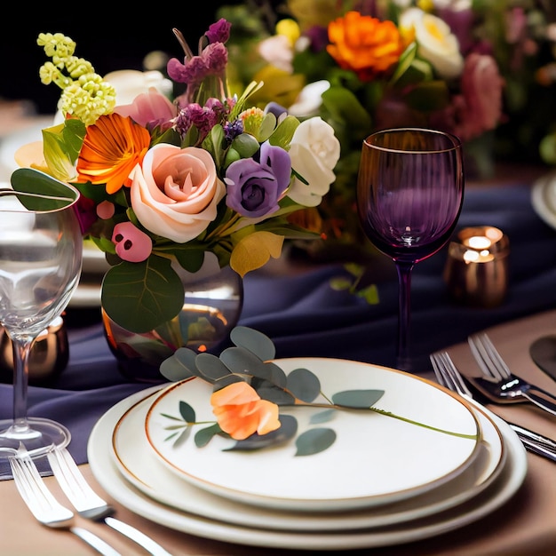 Dinner table set with glass and crockery flower