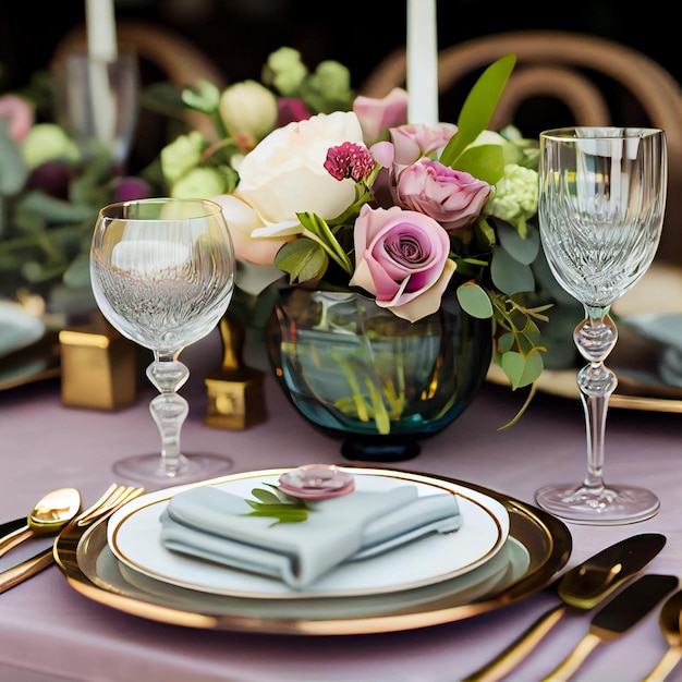 Dinner table set with glass and crockery flower