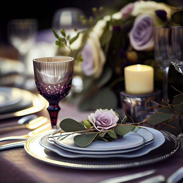 Dinner table set with glass and crockery flower