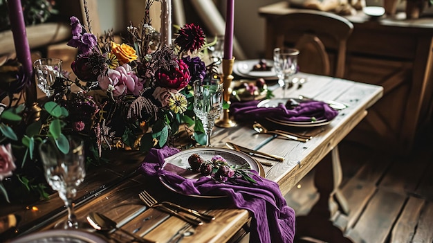 Photo dinner table setting in the warm glow of candlelight tablescape featuring floral centerpiece elegant