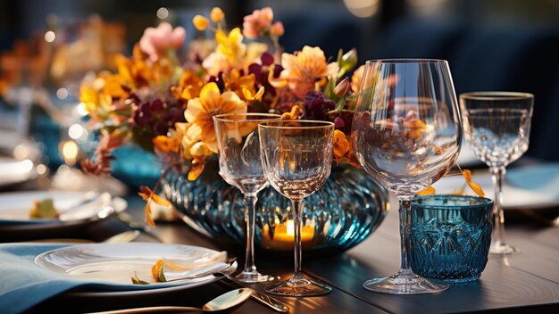 Dinner table setting with colorful floral centerpiece yellow gold glasses and blue glass bowls