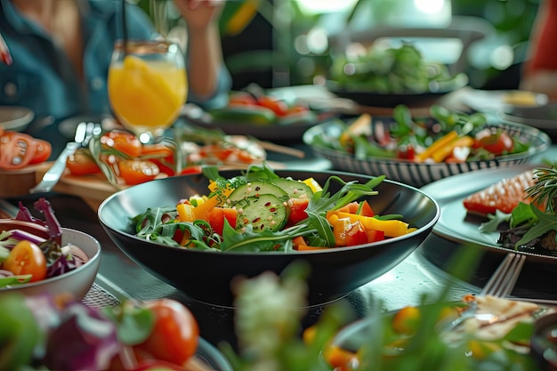 Dinner Table with Delicious Healthy Food Fresh Vegetables and Salads