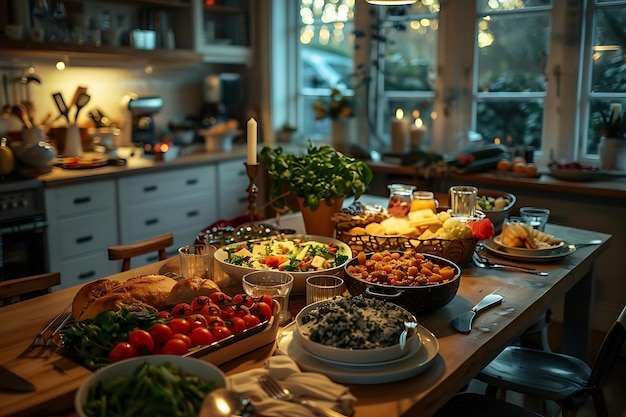 Dinner Table with Food and Kitchen in the Background Realistic Photo