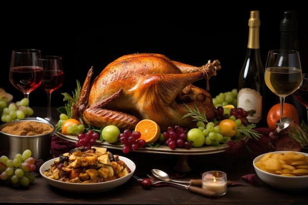 Dinner table with roasted turkey for Thanksgiving celebration Traditional american meal for holiday top view