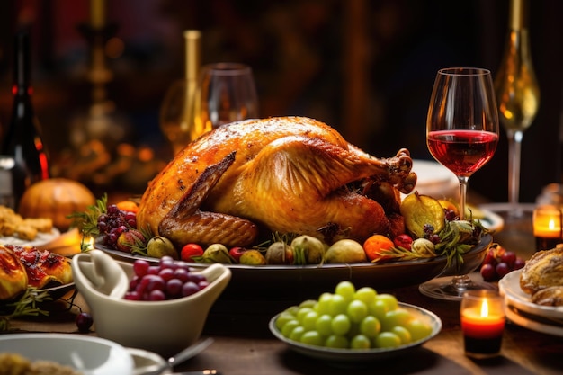 Dinner table with roasted turkey for Thanksgiving celebration Traditional american meal for holiday top view