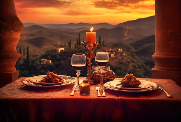 A dinner table with two glasses of wine and a candle in the middle