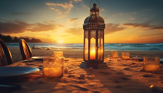 Dinner with lantern on the table on the beach