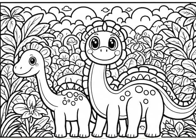 Dino Discovery Cute Kawaii Dinosaur Coloring Page in Jungle Setting Generated by AI