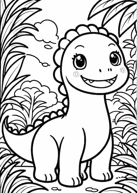 Dino Discovery Cute Kawaii Dinosaur Coloring Page in Jungle Setting Generated by AI