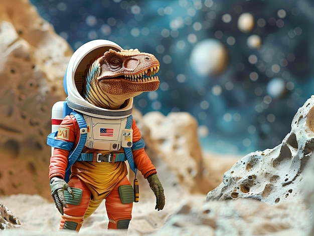 Dinosaur Astronaut Explores Lunar Crater Discovering Fossilized Remains