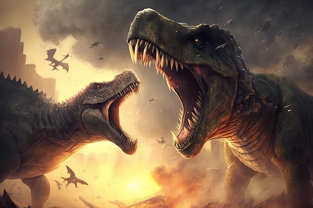 Dinosaur battle scene between two dinosaurs