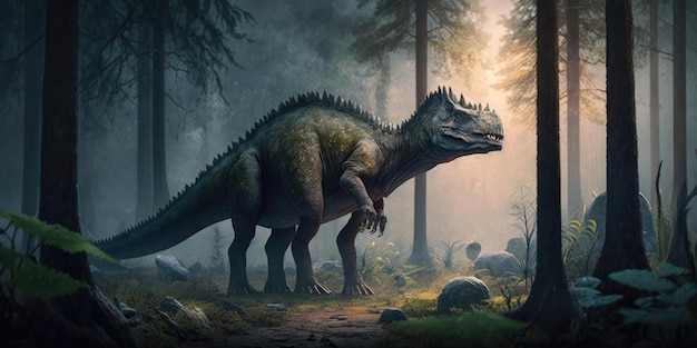 A dinosaur in a forest with a forest background