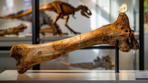 Photo dinosaur fossil bone on display