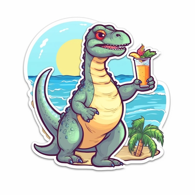 A dinosaur holding a cocktail on a beach.