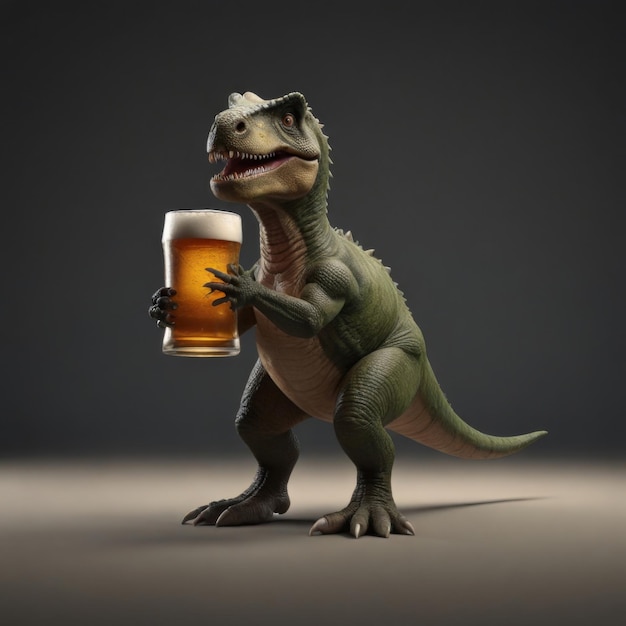 a dinosaur holding a glass of beer with a picture of a dinosaur on it