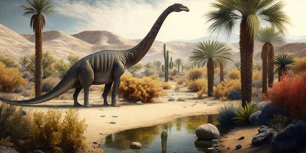 A dinosaur is standing in a desert with a desert landscape in the background.