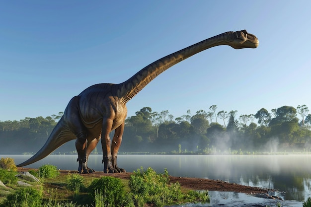 Photo a dinosaur is standing on a log in front of a lake