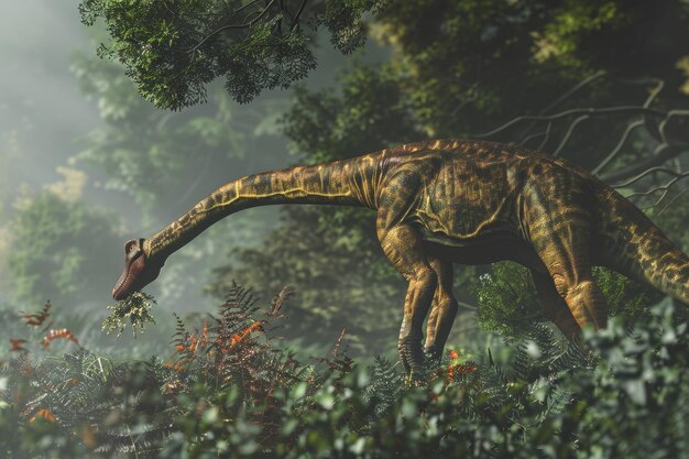 A dinosaur is walking through a forest eating leaves