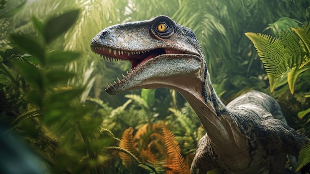 A dinosaur in a jungle with a green background