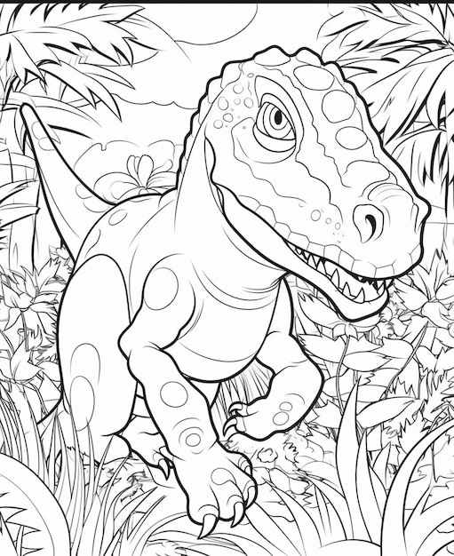 A dinosaur in the jungle with a green leafy background.