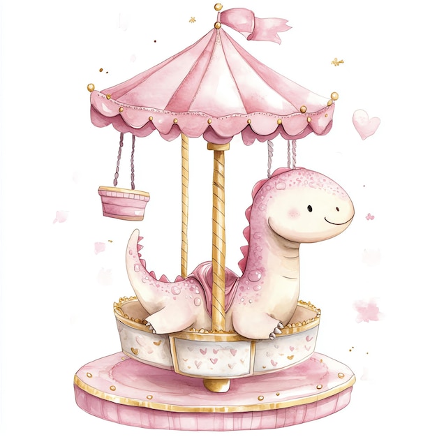 dinosaur sitting in pink carousel nuresery watercolor