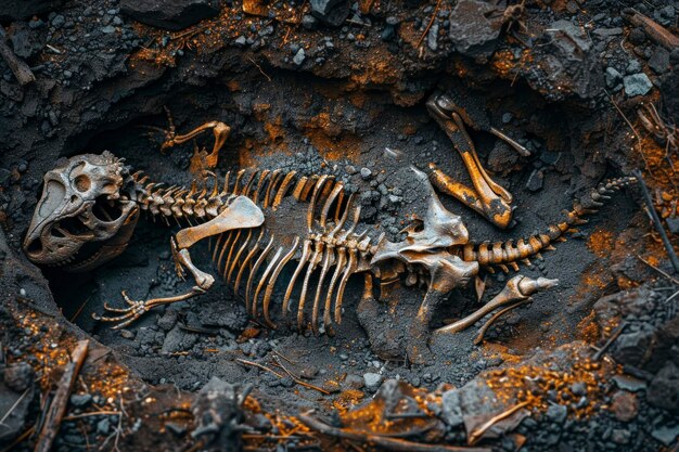 A dinosaur skeleton lies exposed within an excavation site showcasing its fossilized bones against the earthen backdrop