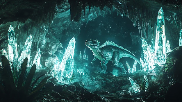 Photo a dinosaur stands in a cave filled with glowing crystals