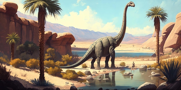 A dinosaur stands in front of a lake and mountains.