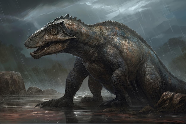 A dinosaur in a storm with a rain storm in the background.