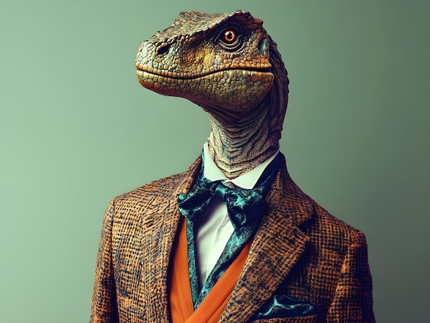 dinosaur wearing a fancy suit on a pastel gradient background