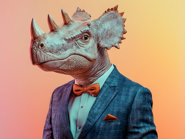 dinosaur wearing a fancy suit on a pastel gradient background