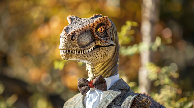 A dinosaur wearing a suit and bow tie looks to the side with a blurred background of trees