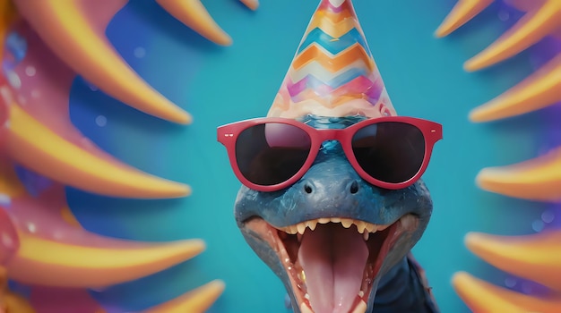 Photo a dinosaur wearing sunglasses and a party hat