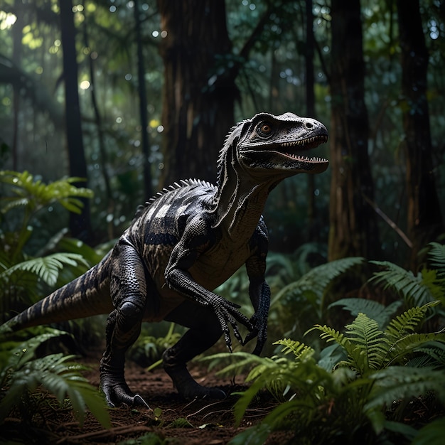 a dinosaur with a black stripe on its head is walking through the forest