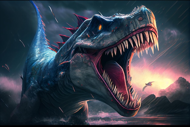 A dinosaur with a blue tail and a red eye is screaming.