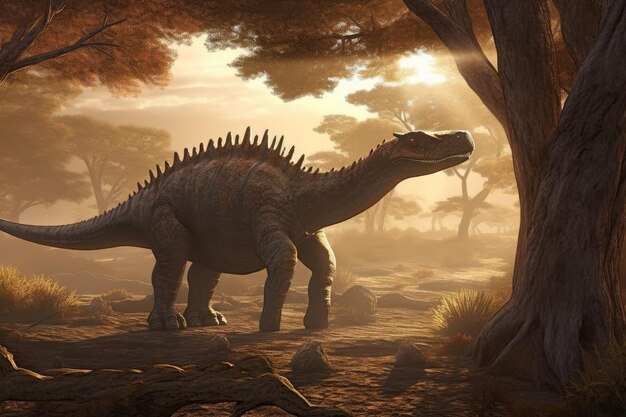 A dinosaur with a bushy tail stands in a forest.