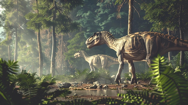 a dinosaur with a dinosaur on its head is in the forest