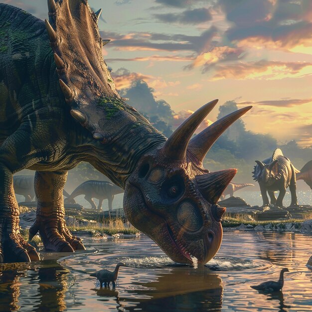 a dinosaur with a dragon head in the water with a statue of a man in the background