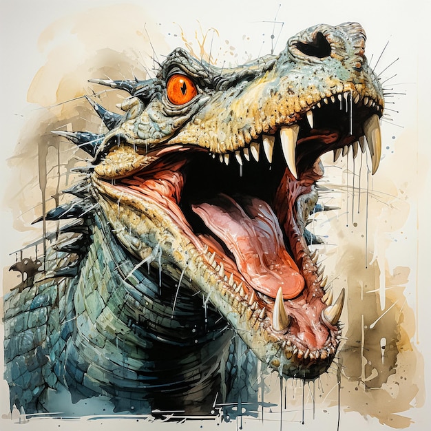 Dinosaur with an evil grin with watercolor streaks generation ai