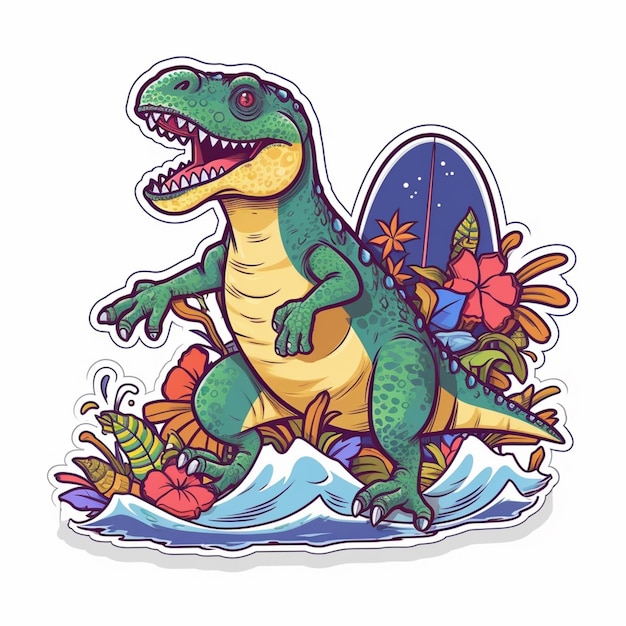 A dinosaur with a flower and leaves on it