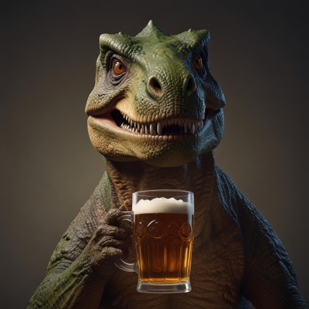 a dinosaur with a glass of beer in its hand and a glass of beer in the foreground